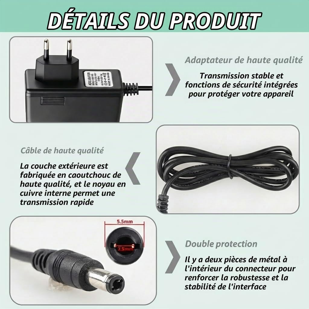 Adaptateur Secteur Universel 12V 3A 36W AC-DC – Chargeur 12V pour LED, Caméras, Routeurs, Haut-Parleurs, Systèmes Téléphoniques, avec Protection Surtension, Court-Circuit, Surchauffe
