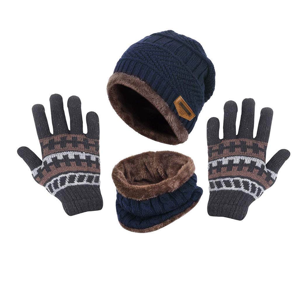 Winter Woolen Cap with Neck Scarf and Printed Gloves for Boy's & Girl's/Winter Caps for Men/Woolen Cap(3 Piece)-(Navy Blue)-image-9