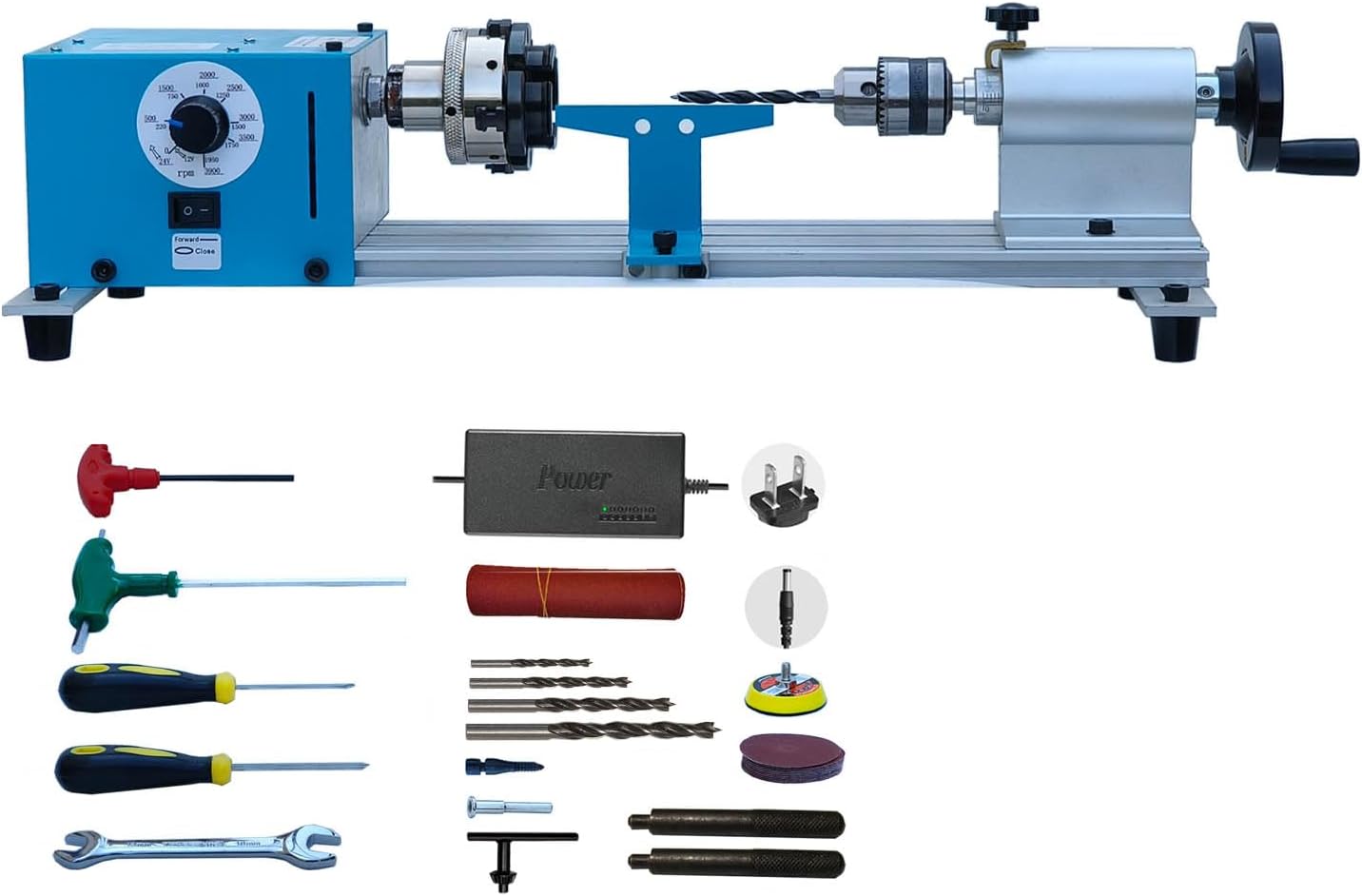 Mini Lathe Mini Torno Wood Lathe Machine Multi-Purpose Type Extended Processing Diameter 2.5 Inche, Processing Length 7.5 Inche Support for Drilling Torno