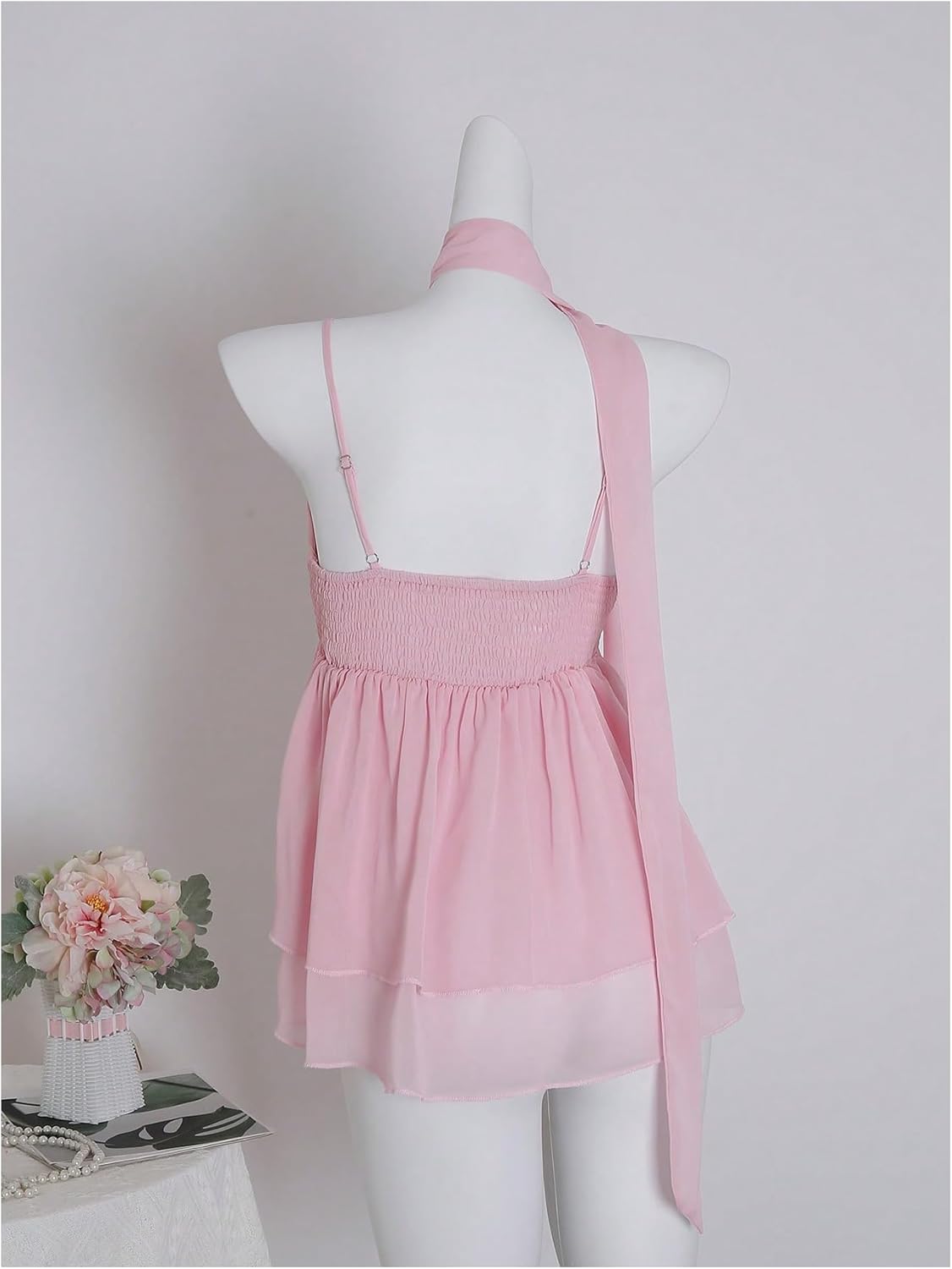 Verdusa Women's Y2K Tiered Layered Slit Chiffon Camisole Tops Flowy Babydoll Tops with Scarf - Image 2