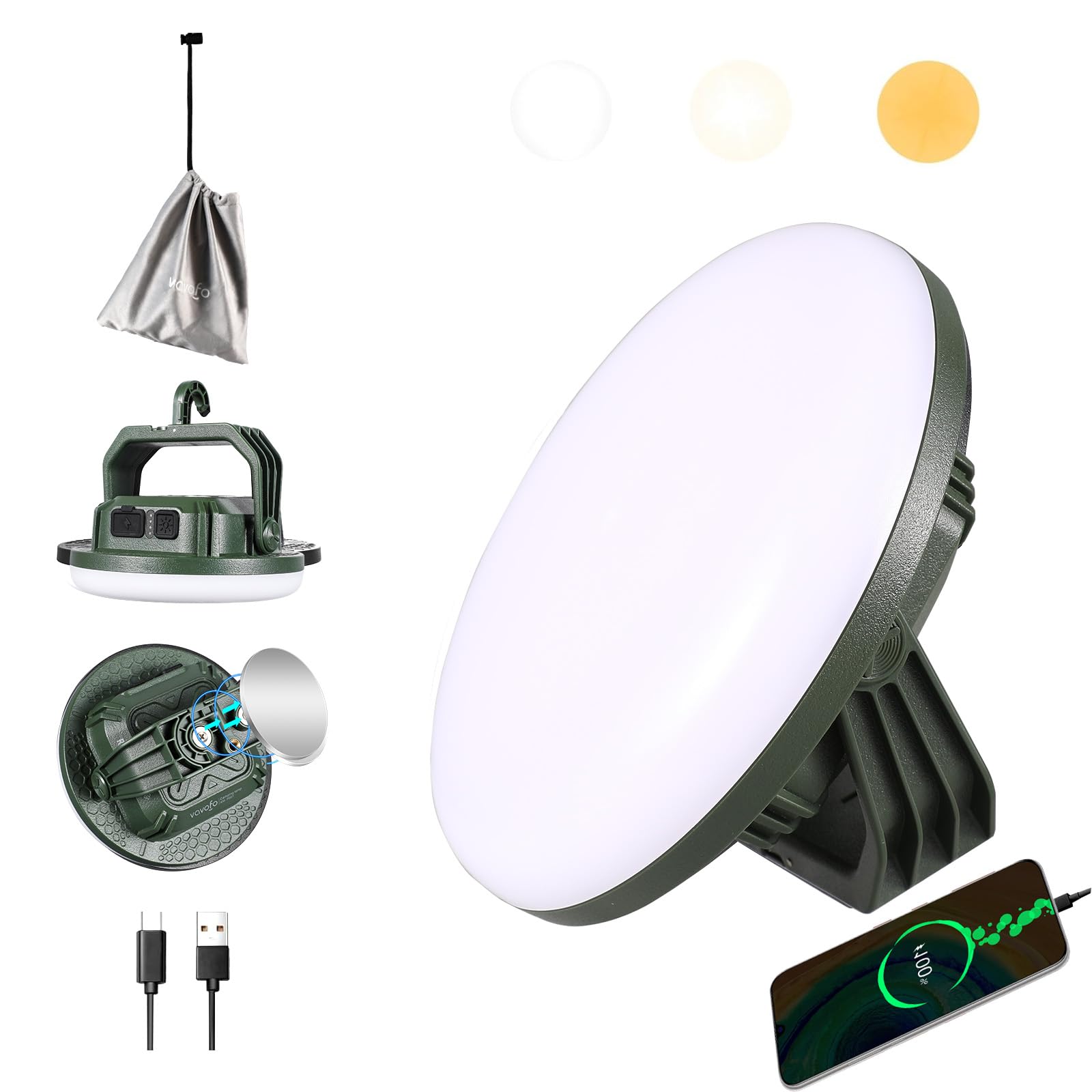 VAVOFO 15,000mAh 4000LM LED Camping Lantern Rechargeable, 3 Lighting Modes Portable Tent Light with Magnet, IP65 Waterproof Hanging Light for Emergencies, Power Outages ,Hurricane(Green)