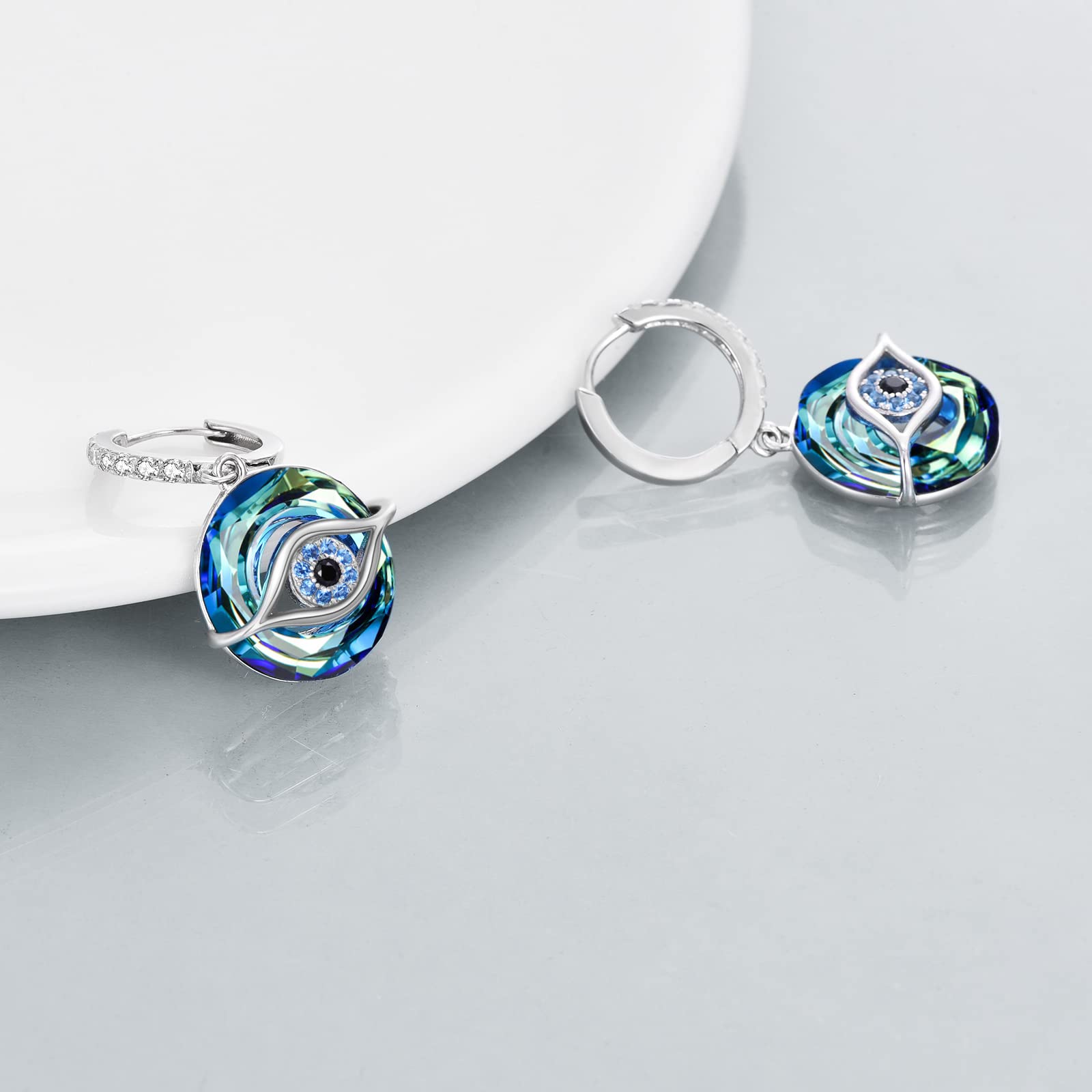 TOUPOP Pendientes de aro de mal de ojo para mujer, aretes de plata de ley 925 con gota de ojo con cristal azul, joyería de mal de ojo para mujer, Plata de ley, Crystal