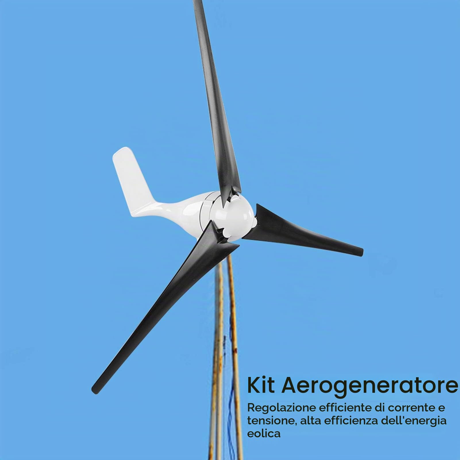 Generatore di turbina eolica 1200W con kit regolatore a 3 pale per ricarica domestica e marina - Nero