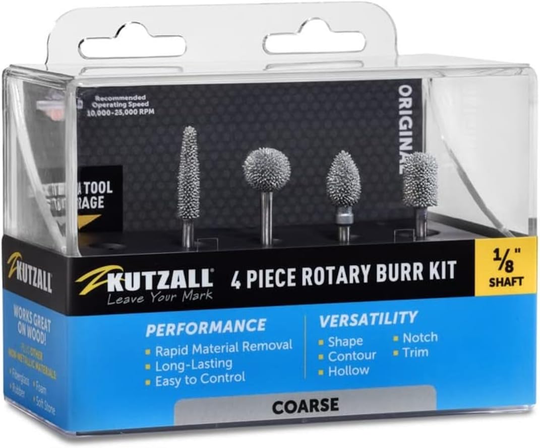 4-Piece Rotary Burr Kit - 1⁄8" Shaft, Coarse - Wood Carving Bits for Dremel, Foredom, Ryobi, DeWalt, Milwaukee Tools - Structured Tungsten Carbide