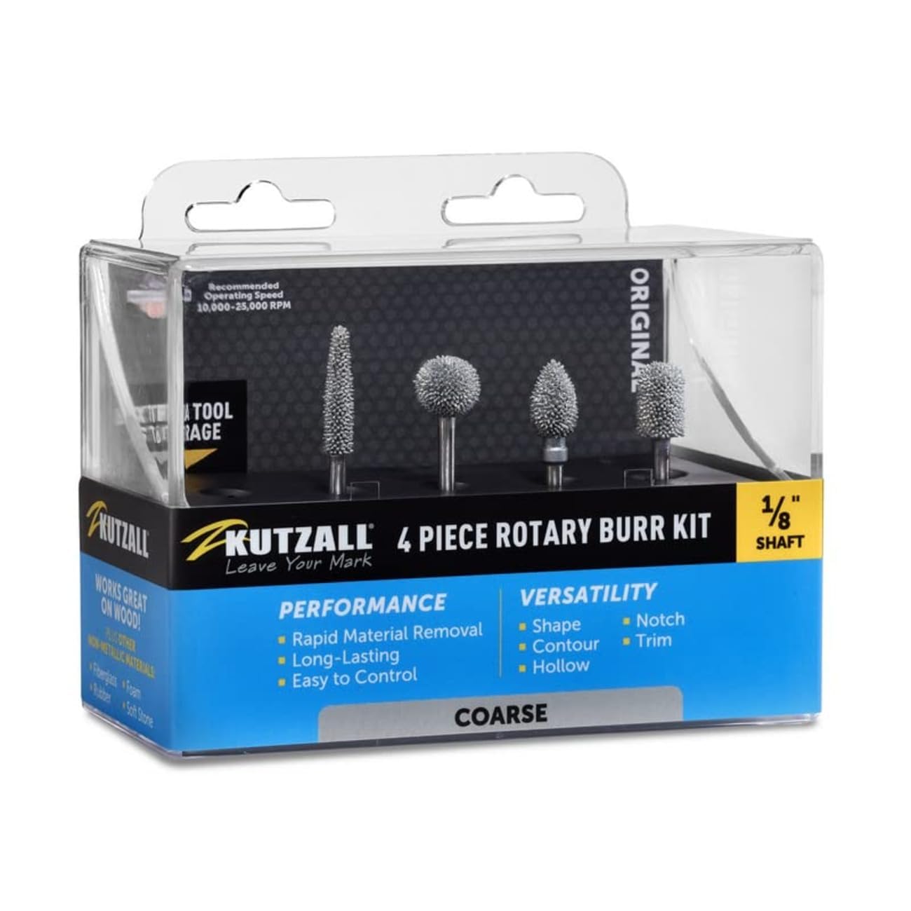 Kutzall 4-Piece Rotary Burr Kit - 1⁄8" Shaft, Coarse - Woodworking Attachment for Dremel, Foredom, Ryobi, DeWalt, Milwaukee Tools - Structured Tungsten Carbide