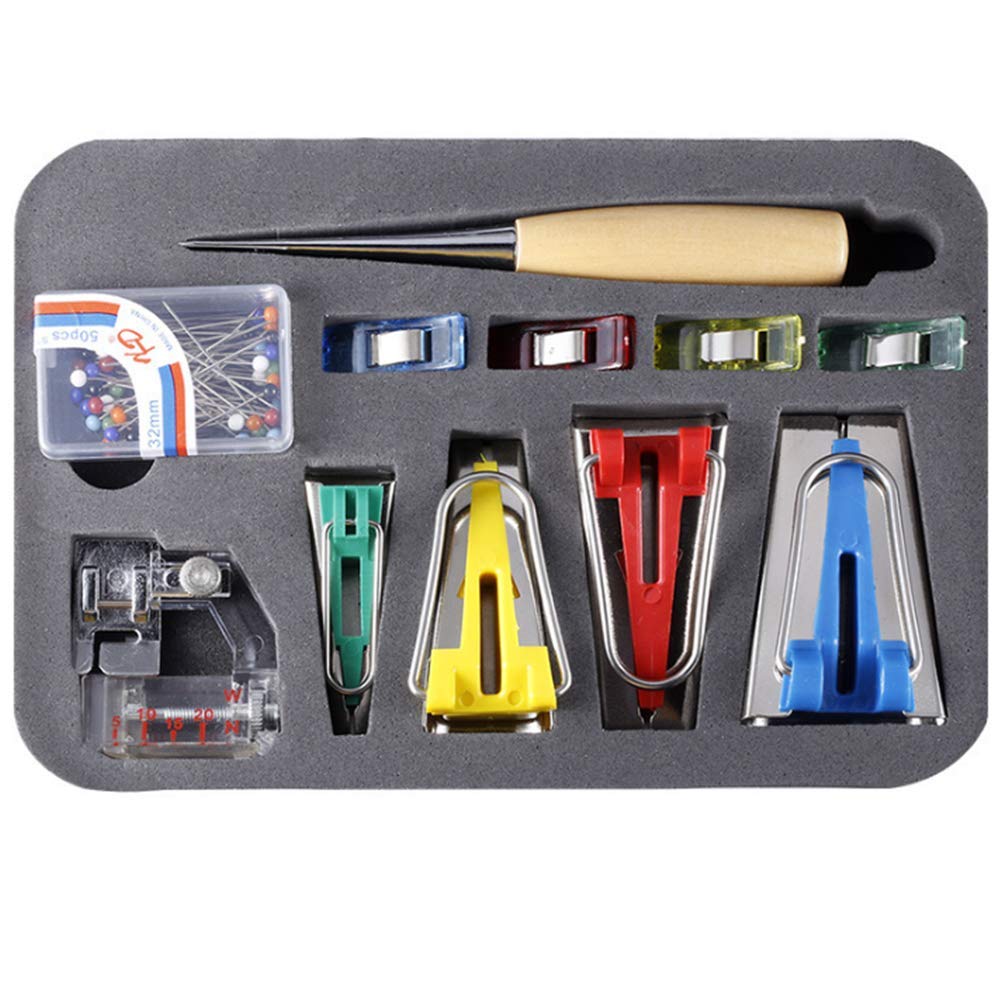 Sewing Bias Tape Maker Tool Kit Set 11 in 1 Single/Double Fold 6MM/12MM/18MM/25MM 4 Sizes DIY Fabric Bias Tape Making Tools with Tape Binding Presser Foot Wonder Clips for Quilt Binding