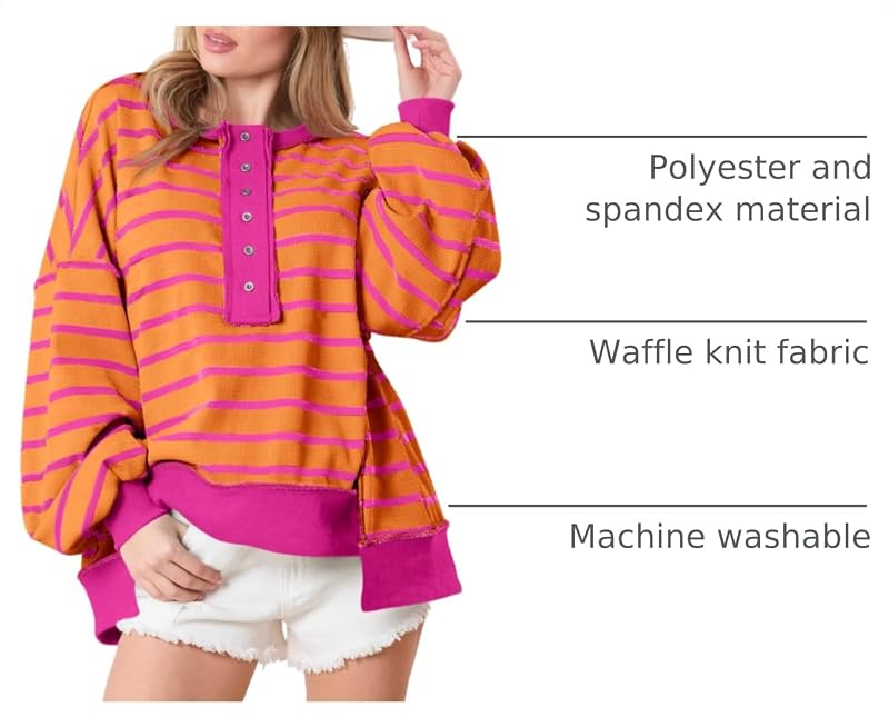 Tankaneo Womens Oversized Striped Sweatshirts Henley Shirts Color Block Casual Pullover Waffle Knit Tops Orange image 4