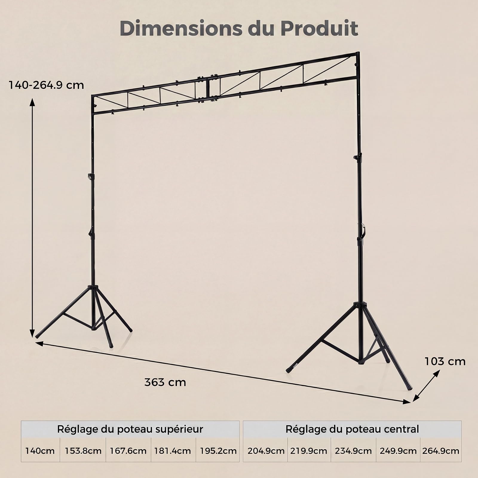 GYMAX Support d'Éclairage de Lumières, Hauteur Réglable 140-265cm, avec 12 Points de Fixation, Pieds pour Projecteurs de Scène en Métal Robuste, pour DJ, Fête, Spectacle, Concert