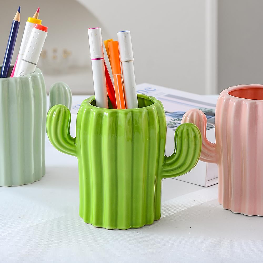 YOSCO Ceramic Cactus Pen Holder – Cute Pencil Cup For Desk, Office, Kids Room (Green)