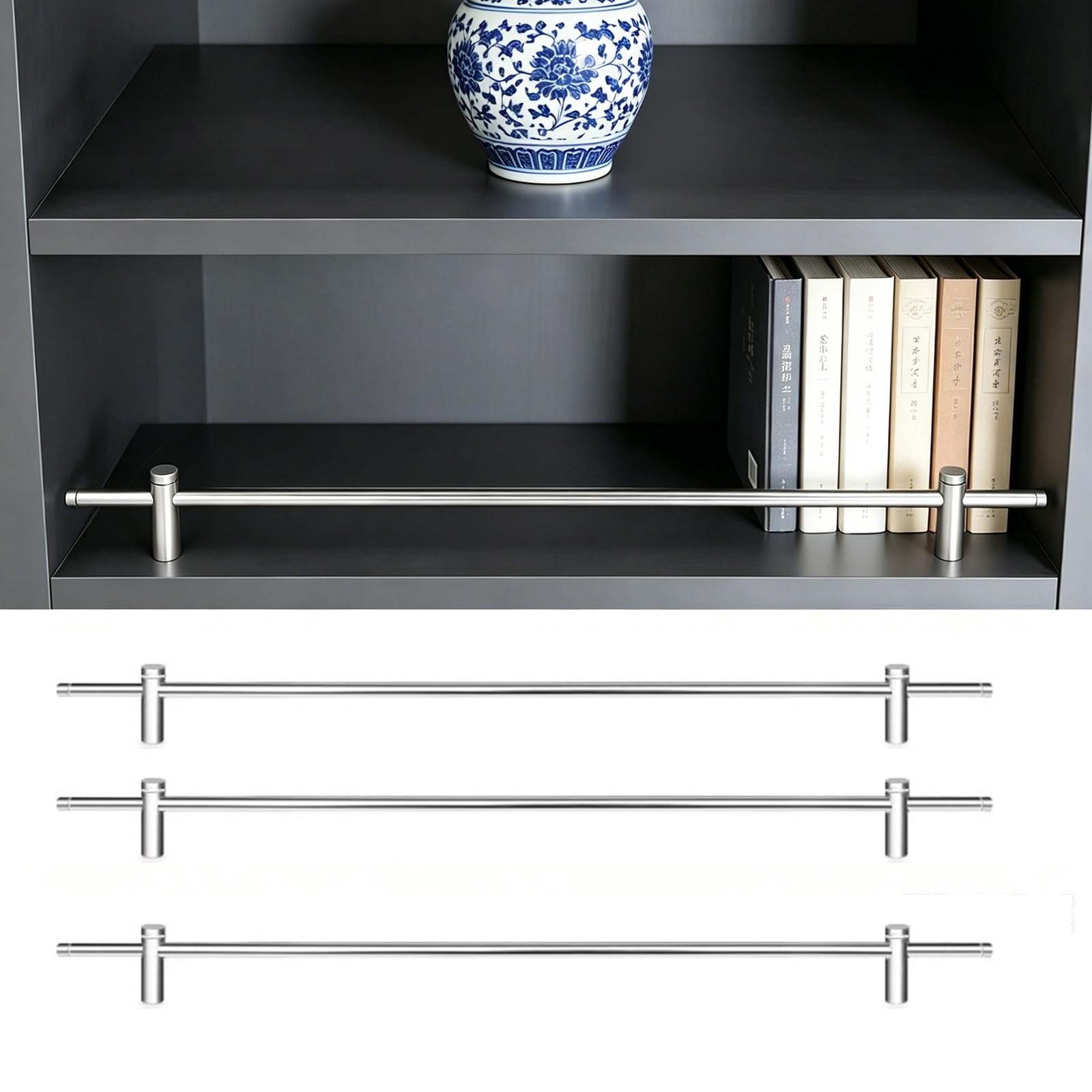 3 Pcs Cabinet Item Ledge Shelf Tipping Rail, Black Gold Gray Silver Anti-Tipping Fence Bar for Wood Shelves, Decorative Railing for Display Cabinet for Bookshelf(Silver,Long 19in/48cm)