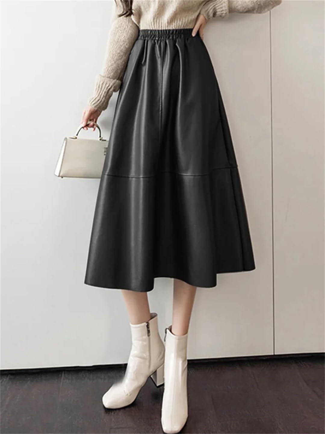 Wjnvfioo Elegantes faldas maxi de mujer cintura alta elástica falda de fiesta femenina vacaciones trabajo PU cuero faldas sueltas