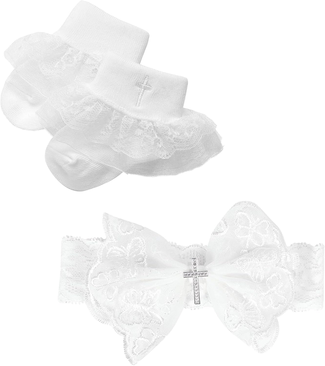 Bow Baptism Headband & Socks for Baby Girl Christening Baptism Accessories