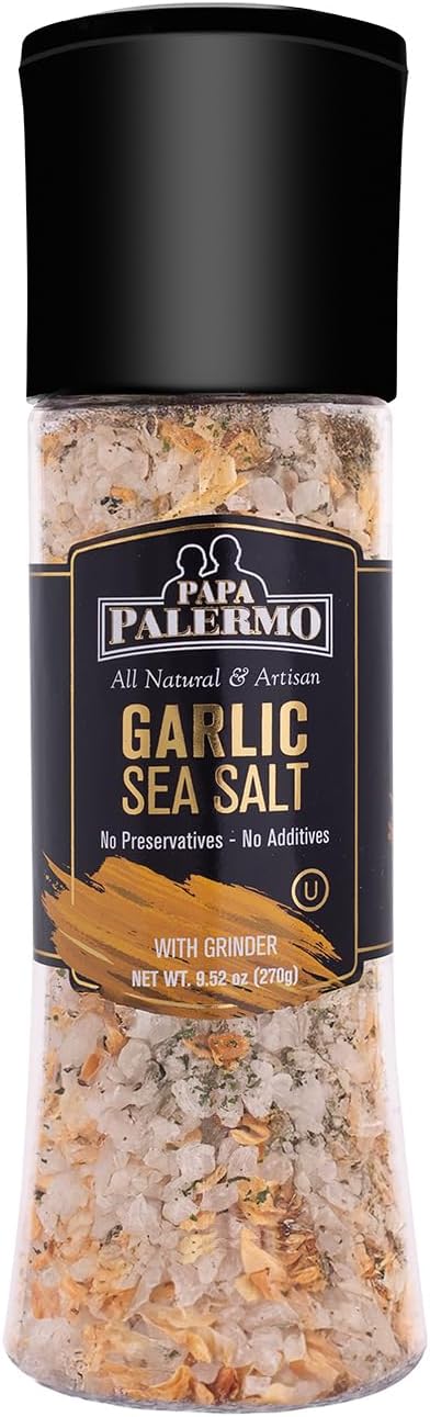 Papa Palermo Garlic Sea Salt Seasoning with Grinder, Kosher, All Natural, No Additives, 9.52 oz