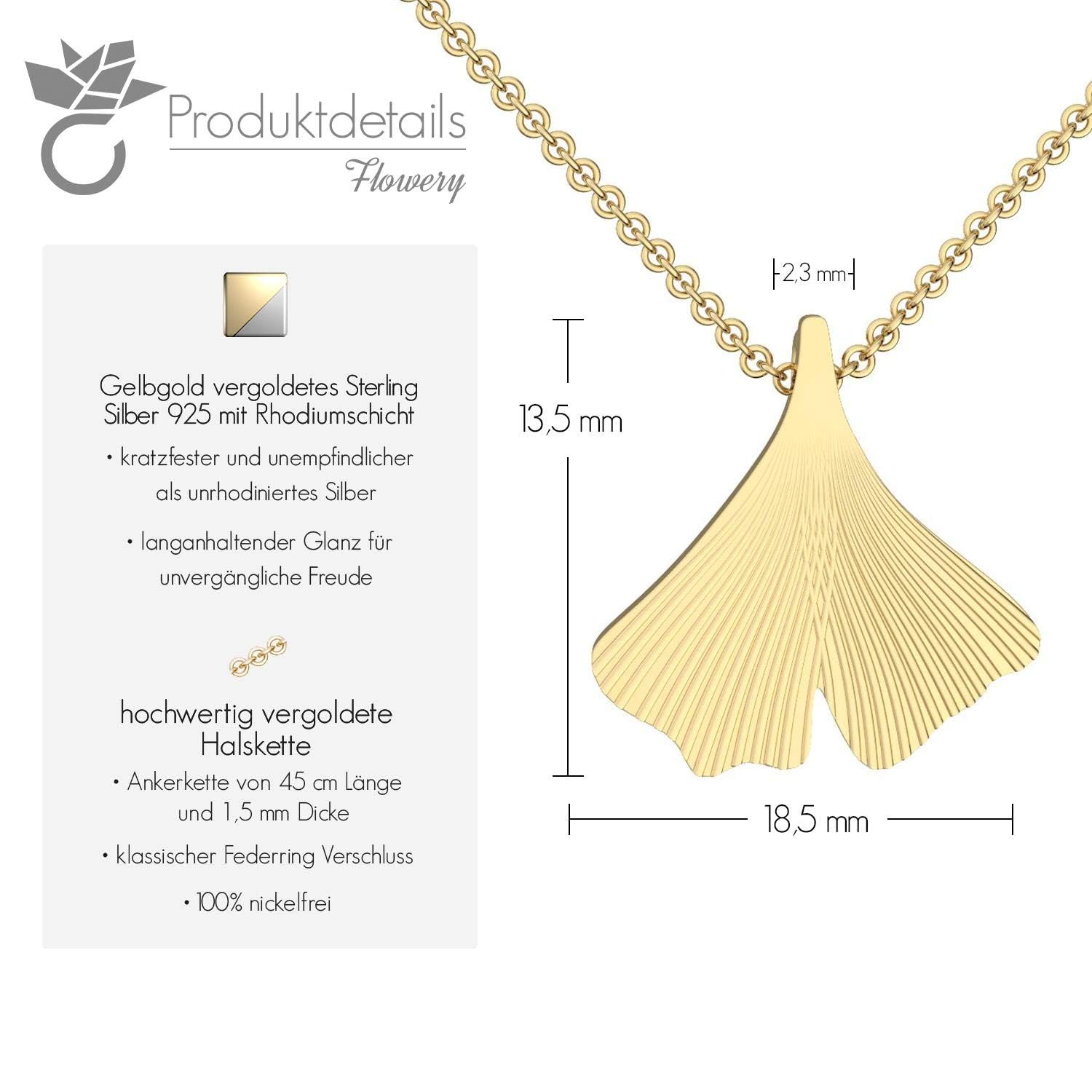 Amoonìc Ginkgoblatt Anhänger mit Halskette in Gold hochwertig vergoldet | inkl. Luxus-Etui Kettenanhänger Damen Gingko Anhänger Ginko Blatt glänzend Kette Gelbgold