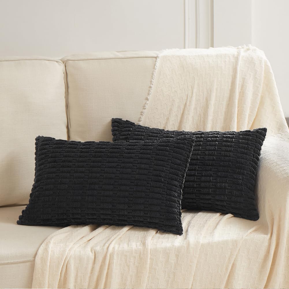 Fancy Homi 2 Packs Black Decorative Throw Pillow Covers 14x24 Inch for Living Room Couch Bed Sofa, Rustic Farmhouse Boho Home Decor, Soft Striped Corduroy Square Cushion Case 35x60 cm