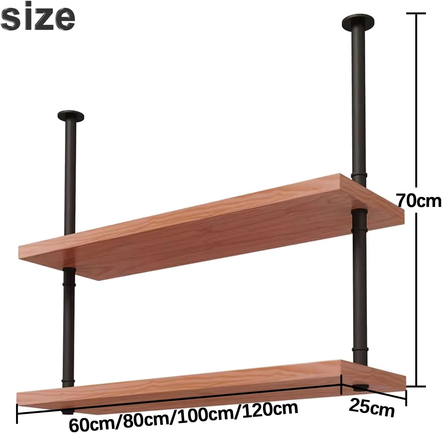 Industrial Floating Ceiling Shelf2 Layer Pot & Pan Rack Solid Wood & Metal Wine Storage for Kitchen Bar & Restaurant60x25x70cm Hanging Shelving Unit