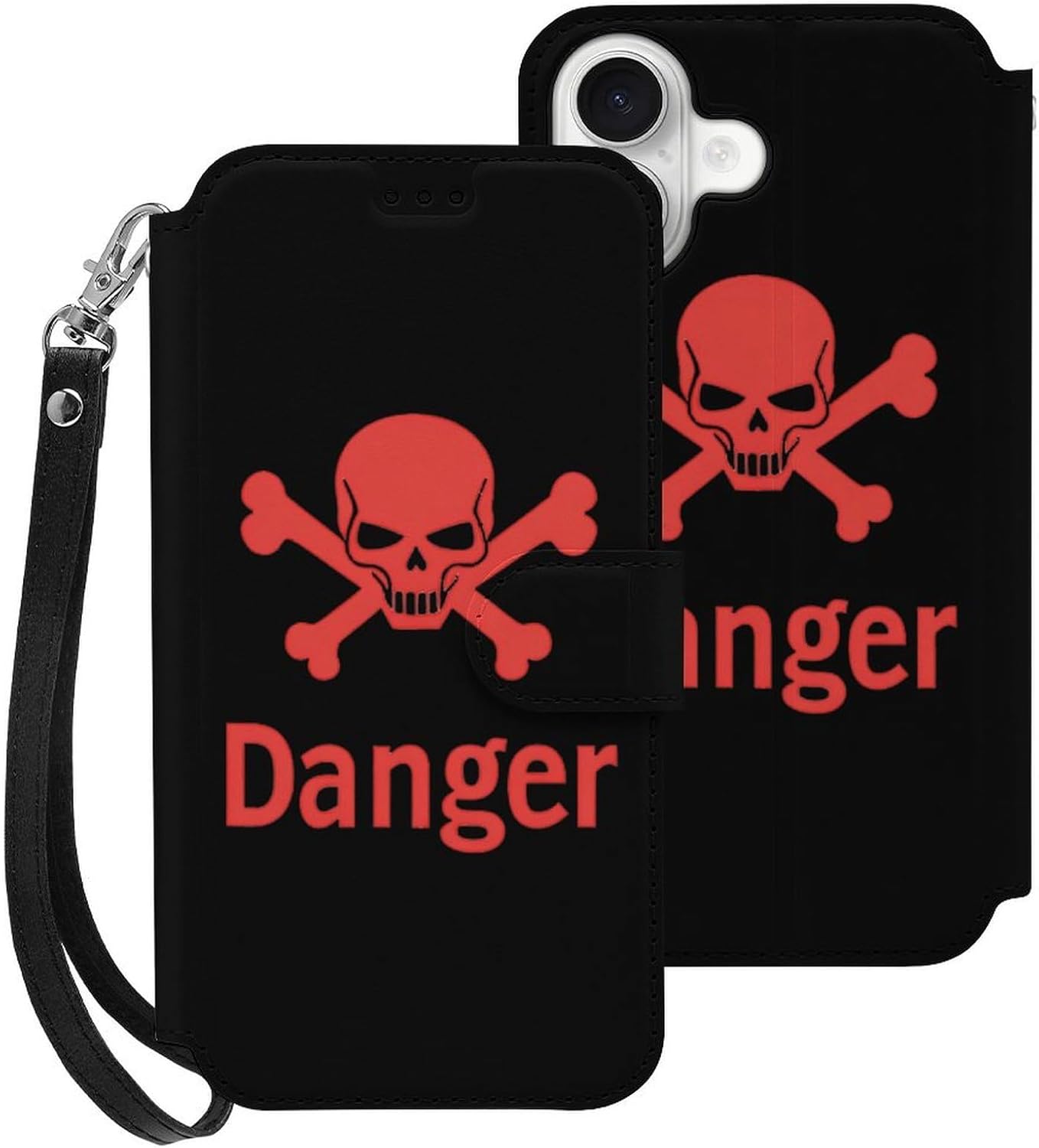 Danger Death Skull Head Compatible with iPhone 16/16 Plus/16 Pro/16 Pro Max/16 E Case Phone Wallet Card Holder Flip Cover with Wrist Strap