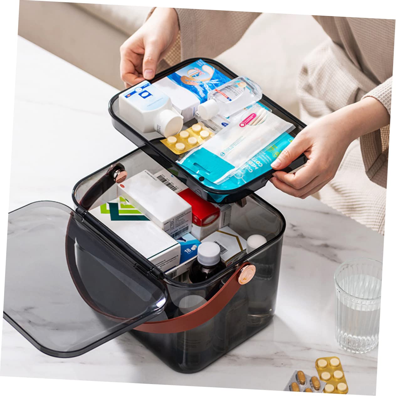 FRCOLOR Medizin Aufbewahrungsbox Familie Tragbare Zweischichtige Großkapazität Organizer Koffer Für Lagerung Mit Griff