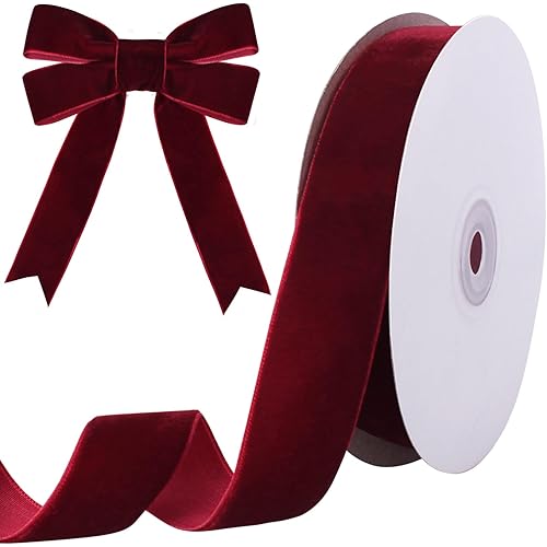 10 Yards Burgundy Velvet Ribbon 1 Inch for Christmas Tree,Dark Red Velvet Christmas Ribbon for Gift Wrapping Crafts Bow Wreath Holiday Decorations (Burgundy)