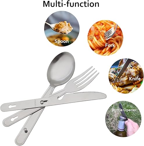 Miniatura 3 de Utensilios de camping 4 en 1, juego de cubiertos de senderismo para 4, cubiertos portátiles de acero inoxidable, tenedor, cuchillo y abridor de