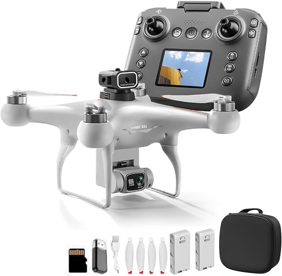 Hobby RC Drone with Screen-equipped Remote Controller, Dual Cameras & Optical Flow Positioning. Built with 6-Channel Gyro and Brushless Motor. Features Headless Mode, Hovering, One-Key Takeoff and Altitude Hold.  with 2 Batteries. Easy-to-operate RC Quadcopter for amateurs and outdoor aerial shooting. (White)