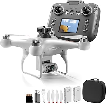Hobby RC Drone with Screen-equipped Remote Controller, Dual Cameras & Optical Flow Positioning. Built with 6-Channel Gyro and Brushless Motor. Features Headless Mode, Hovering, One-Key Takeoff and Altitude Hold.  with 2 Batteries. Easy-to-operate RC Quadcopter for amateurs and outdoor aerial shooting. (White)
