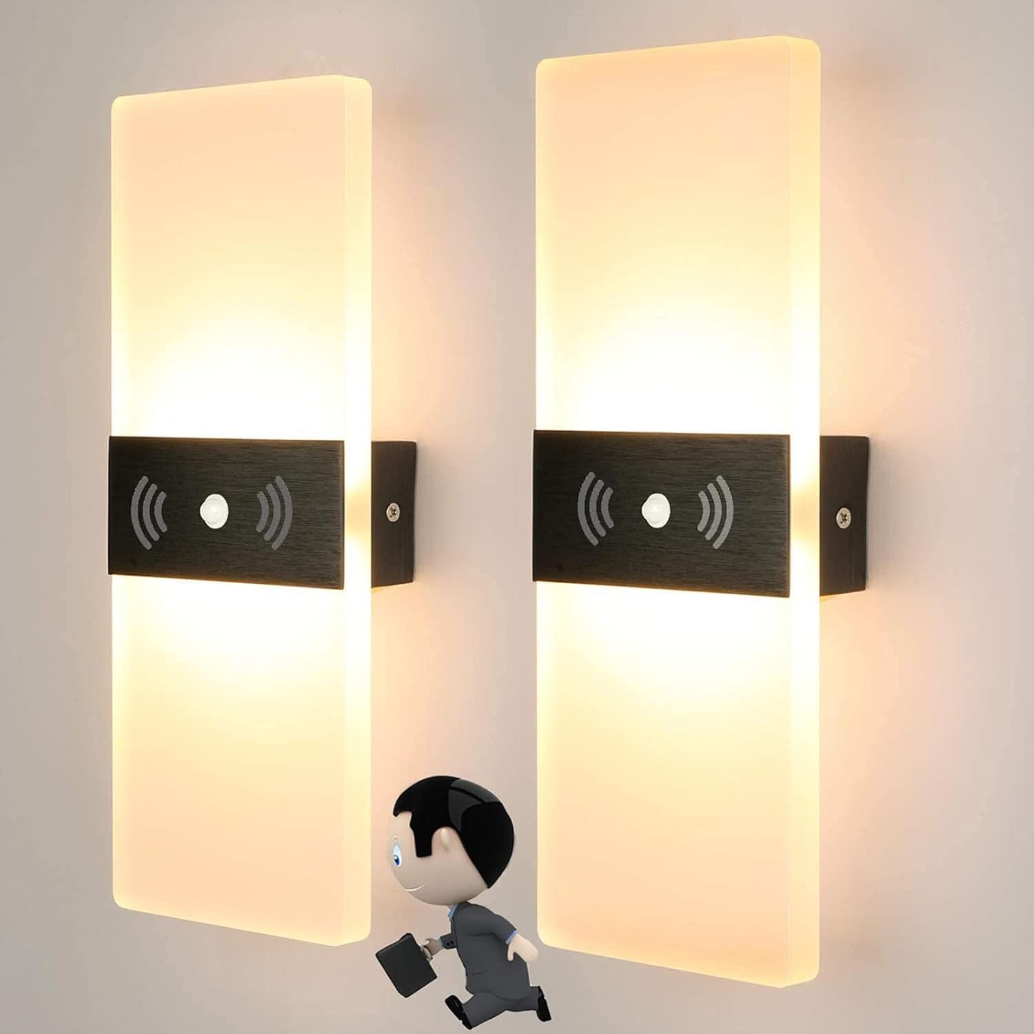Set of 2 Acrylic Motion Sensor LED Wall Lamp, Battery Powered USB