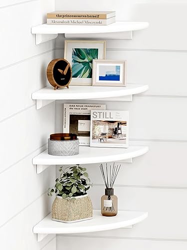 Forbena Juego de 4 estantes flotantes de esquina blanca para pared, estantes de esquina redondeados montados en la pared para libros de dormitorio