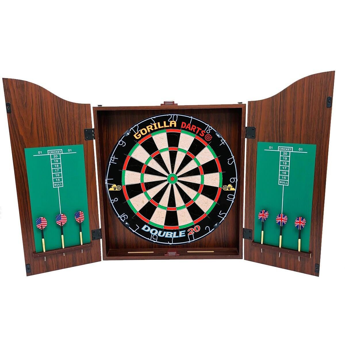 Gorilla Darts Centre Set MDF Walnut Cabinet Set Dartboard inc Darts Package