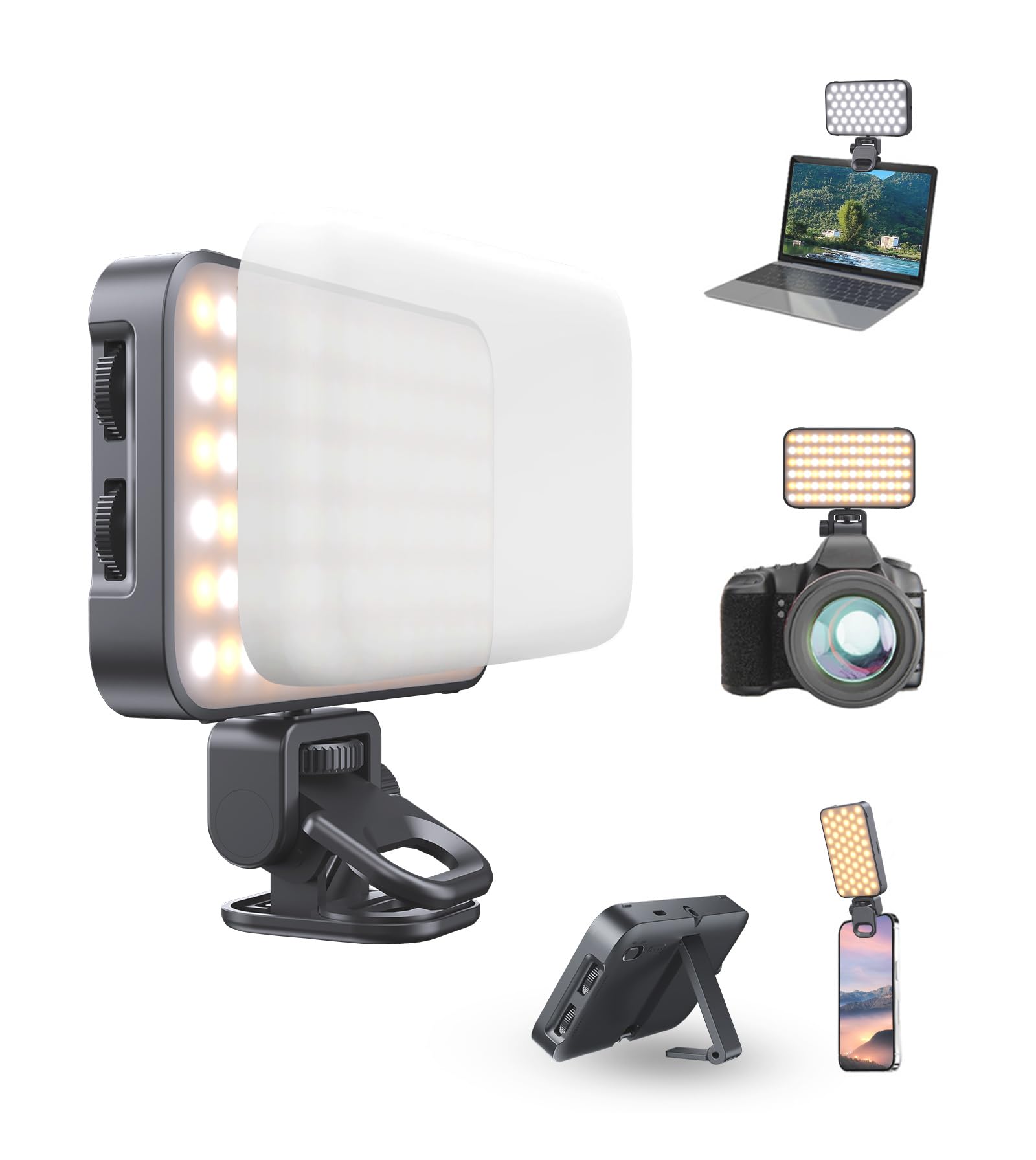 TONEOF 96 LED Handy Licht mit Weichem Diffusor und Integriertem Ständer, Wiederaufladbare Kameralicht, Videokonferenzlicht mit mehrfacher Helligkeitseinstellung, Tragbares Selfie Licht-Schwarz