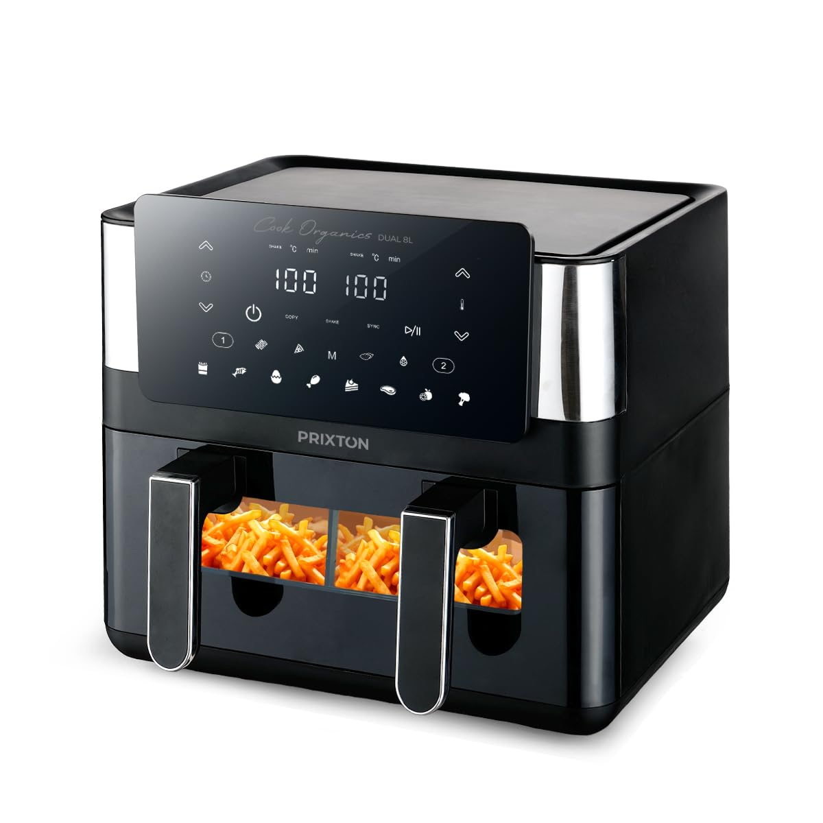 PRIXTON Freidora de aire sin aceite 8 litros con doble compartimento Cook Organics Dual, Ventana transparente, Iluminación interior, Pantalla táctil, Pared Divisoria