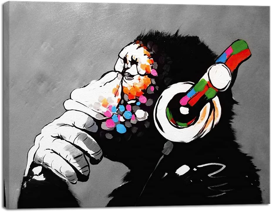 Wieco art Monkey With Headphones Banksy DJ Chimp Pop Art Cool Ape Abstract Canvas Prints for Living Room Bedroom Home Decor Stretched Artwork