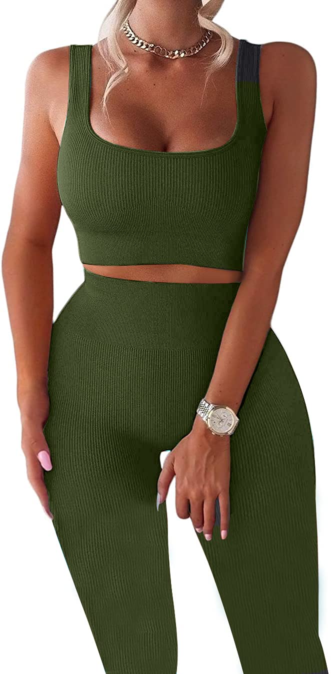 TWFRHC Women's Workout Sets Ribbed Tank 2 Piece Seamless High Waist Gym Outfit Yoga Shorts Sets