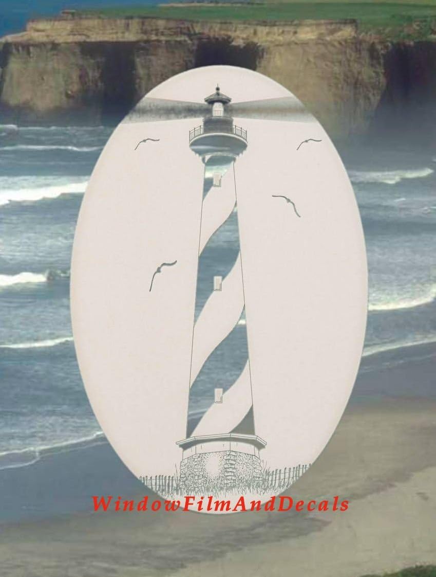 Hatteras Lighthouse Oval Etched Window Decal Vinyl Glass Cling - 15" x 23" - White with Clear Design Elements