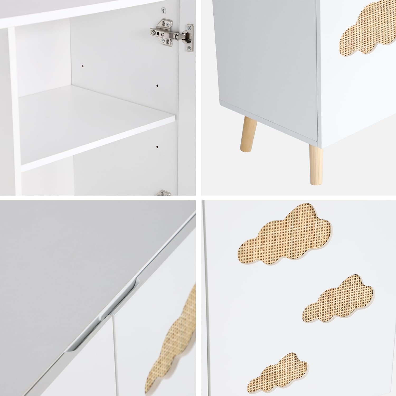 sweeek - Commode Enfant. Blanc. 2 Portes avec Nuages en cannage. 2 étagères