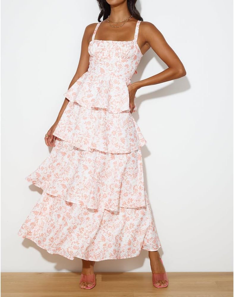 Women Floral Maxi Dress Sleeveless Bow Back Tiered Boho Flowy Long Dresses Summer Fall - Image 5
