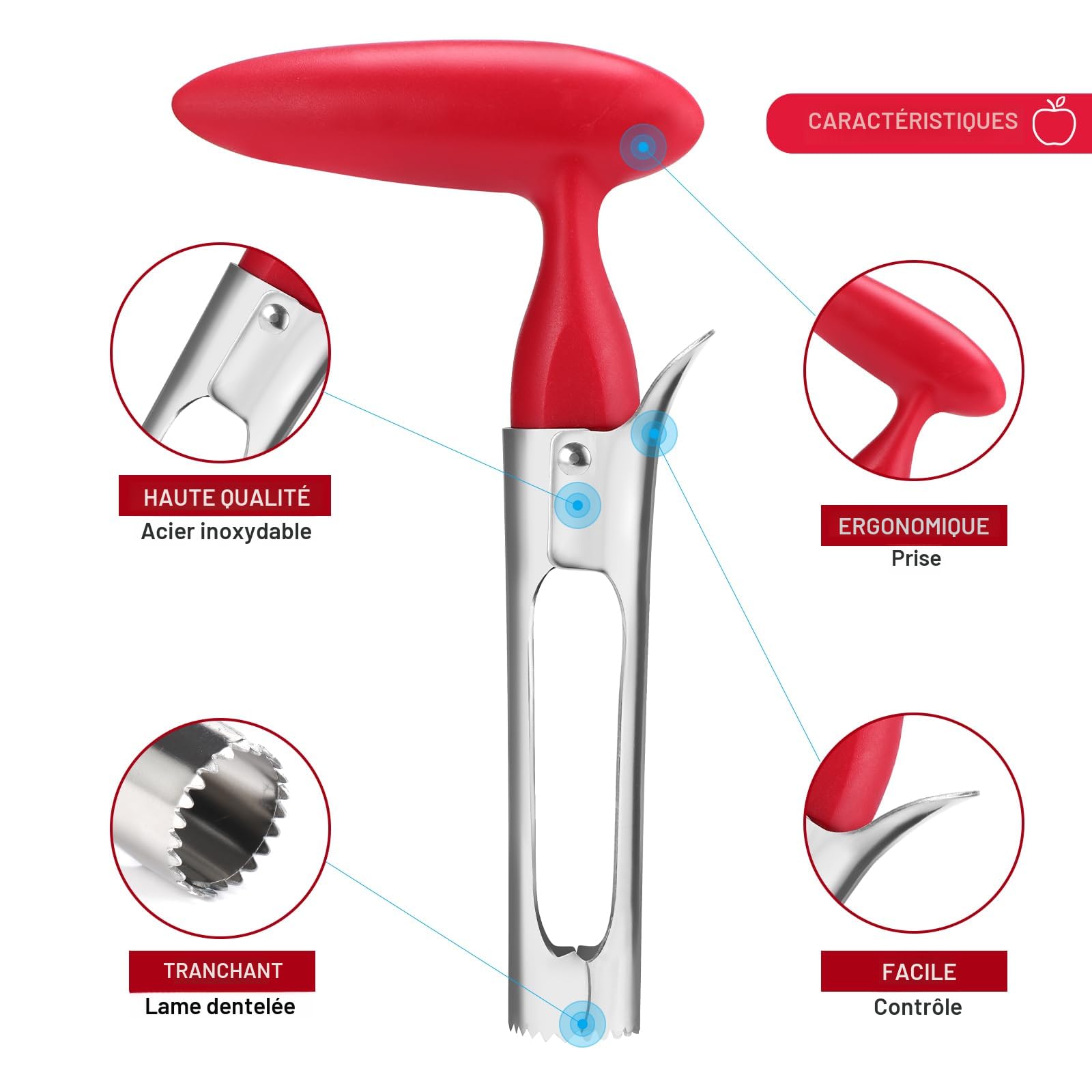 Coupe-Pomme Pro SCHVUBENR – 8 Tranches Parfaites En Acier Inoxydable Rouge Ultra-Tranchant