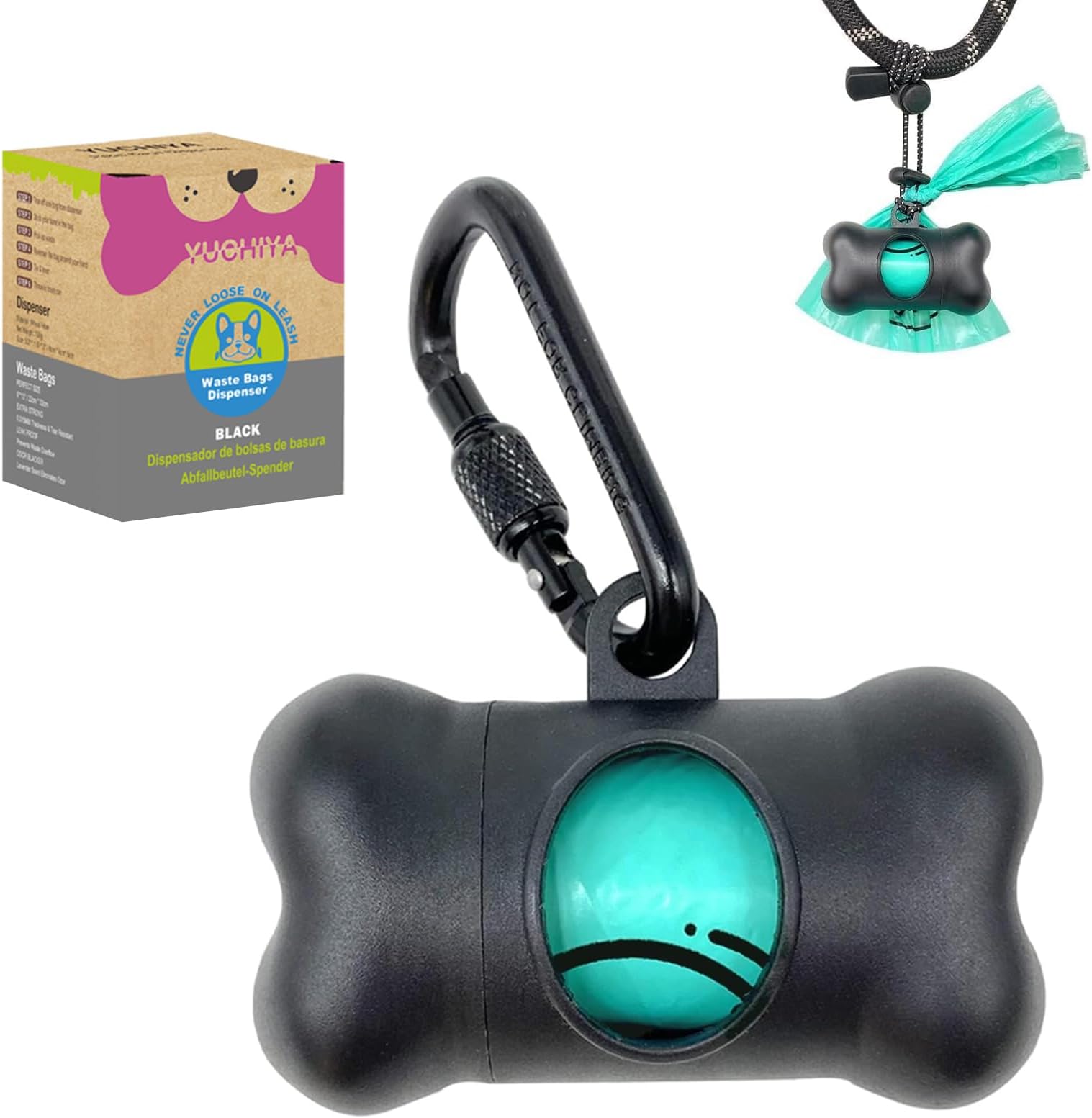 Dog Poop Pickup Bags Holder Dispenser with Standard-Sized Leak-Proof Scented Doggy Waste Bags and Carabiner with Safety Lock&Fastener Never Loose on Leash Lead Again (1 Holder 15 Bags, Black)