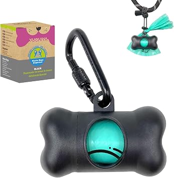 Dog Poop Pickup Bags Holder Dispenser with Standard-Sized Leak-Proof Scented Doggy Waste Bags and Carabiner with Safety Lock&Fastener Never Loose on Leash Lead Again 1 Holder 15 Bags, Black