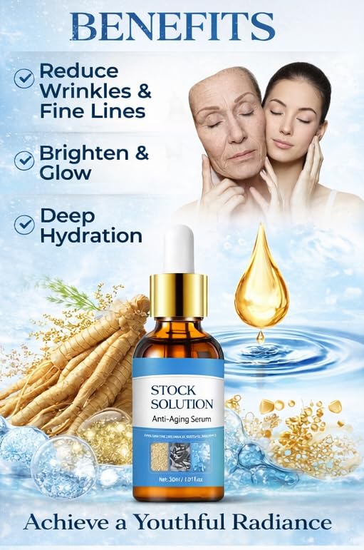 Image of Stock Solution Anti-Aging Serum for Face | Reduces Wrinkles, Fine Lines & Dark Spots | Hydrating & Skin Repair Formula | Youthful Glow | 30ml