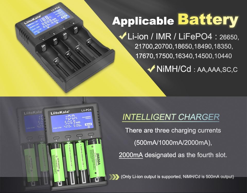 LiitoKala LII-PD4 charger displaying compatible battery types and charging currents.