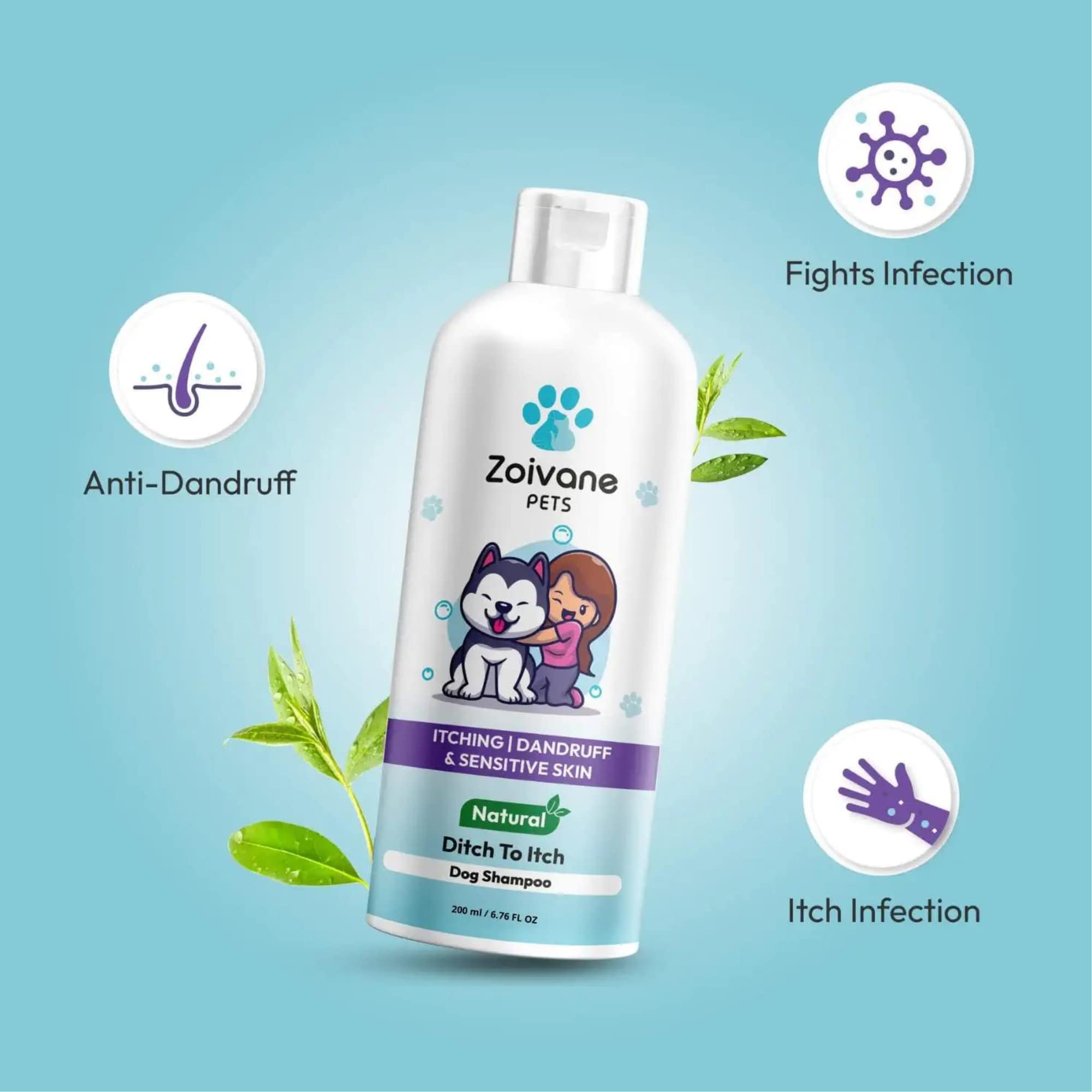 ZOIVANE Dog Shampoo With Soap | Ditch To Itch Dog Shampoo 200Milliliter + Neem Tulsi Soap 100 Gm Each - Pack Of 2 - Combo - 200 Milliliter