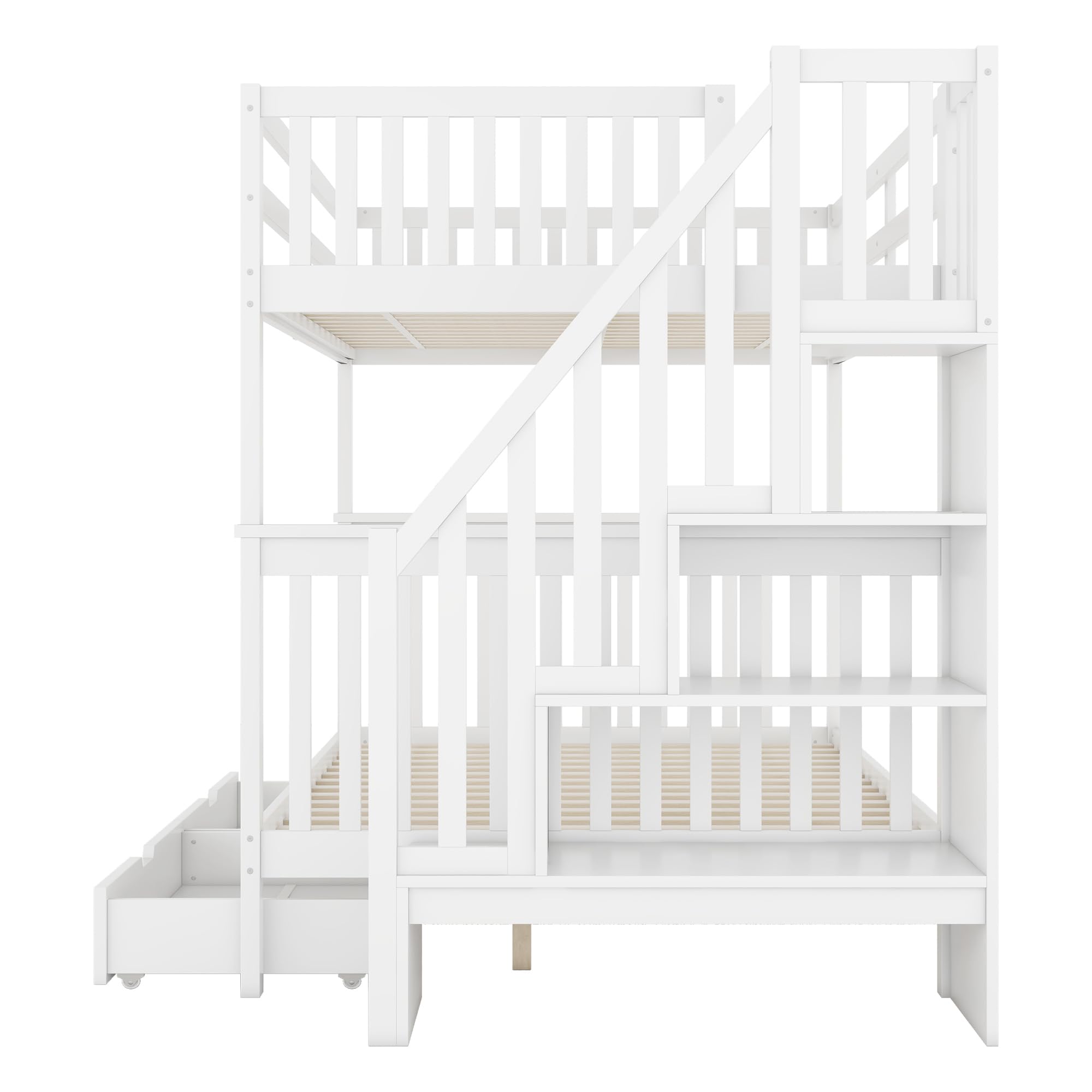 Moimhear Lettino a castello 140 x 200 cm con scala a ripiani, letto a castello in legno massello con scala di sicurezza, due grandi cassetti e rete a doghe (Modello 820)
