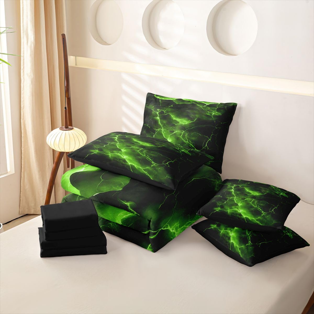 Loussiesd Juego de funda de edredón de 7 piezas para niños y niñas, color verde y negro, con funda de edredón, sábanas, fundas de almohada, fundas de cojín, color verde y negro
