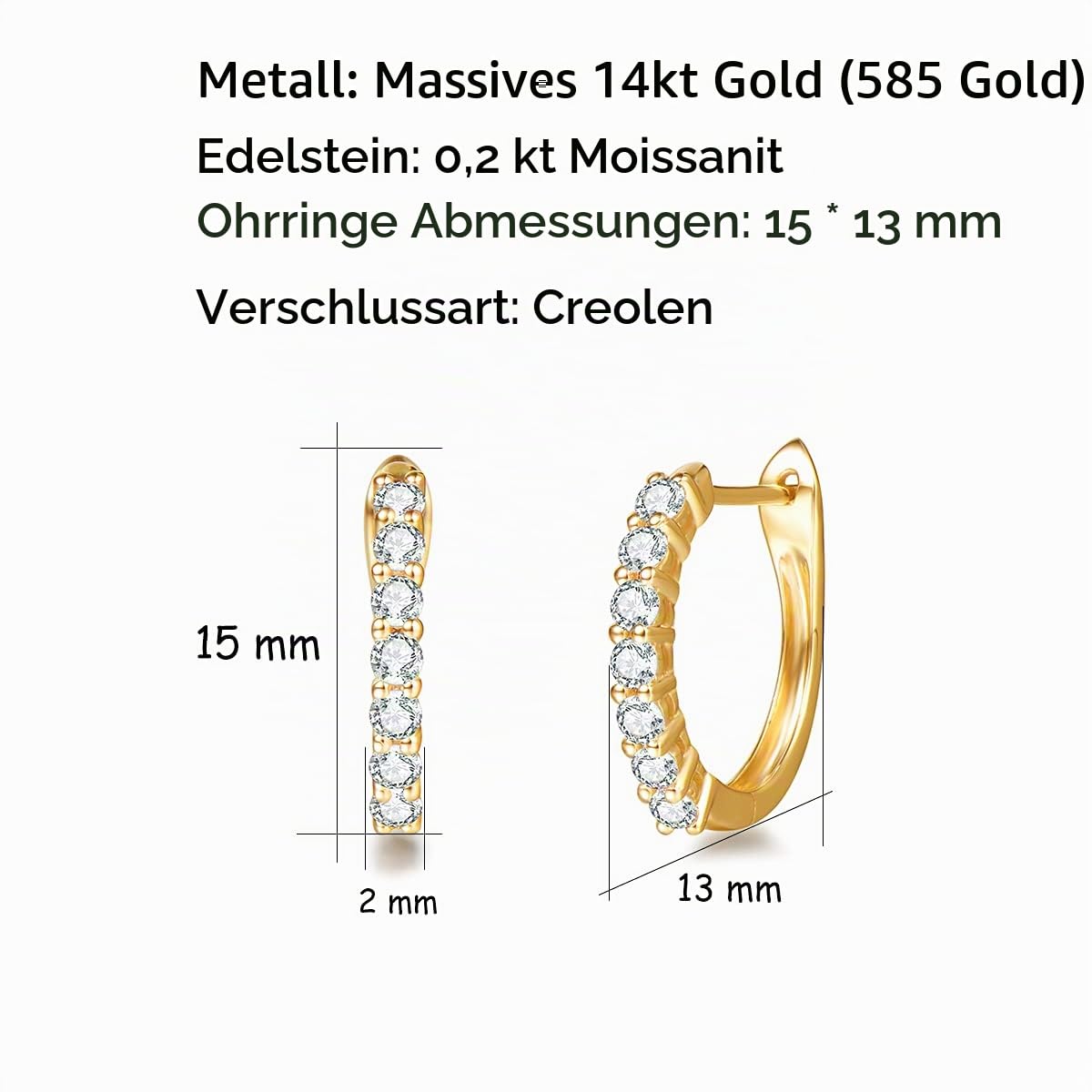 Solide 14 Karat 585 Weiß/Gelb Gold Creolen Huggies Ohrringe mit Moissanite (Karatgewicht 0.2, Farben D-E, Reinheit VVS) im Rundenschliff Schmuck für Damen Mädchen - Größe: 15 * 13 mm