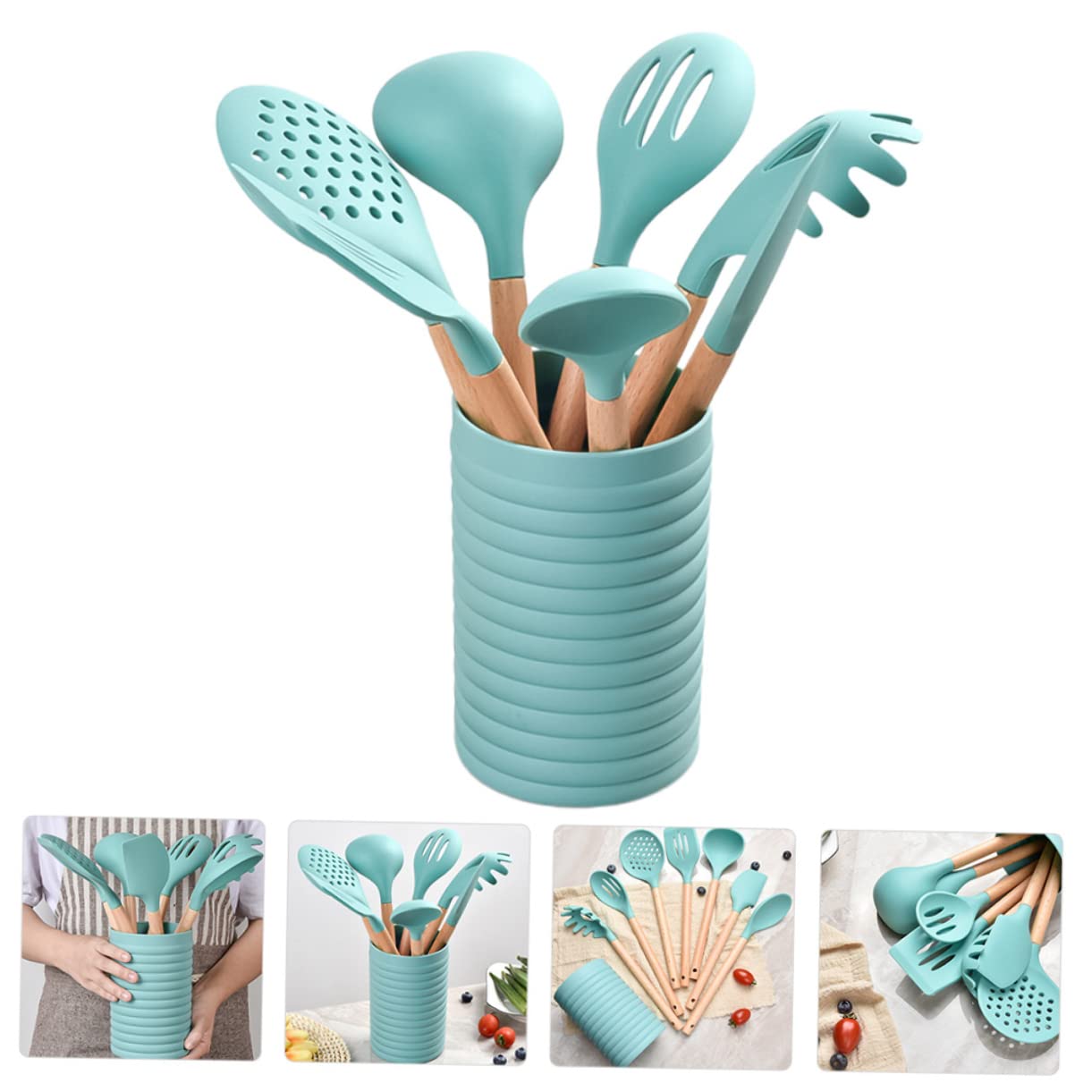 1satz Teiliges Küchenutensilien-Set Holzgriff Hitzebeständig Und Antihaftbeschichtet Für Sicheres Kochen Cyan Inkl Spatel Löffel Und Teigschaber