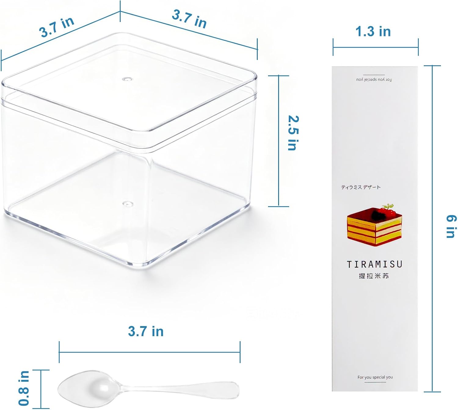 50 Pack 15oz Tiramisu Container Square Dessert Cups with Lids, Clear Plastic Cake Containers, Cupcake,Cookie Container,Bakeries,Includes 50 Spoons and Stickers
