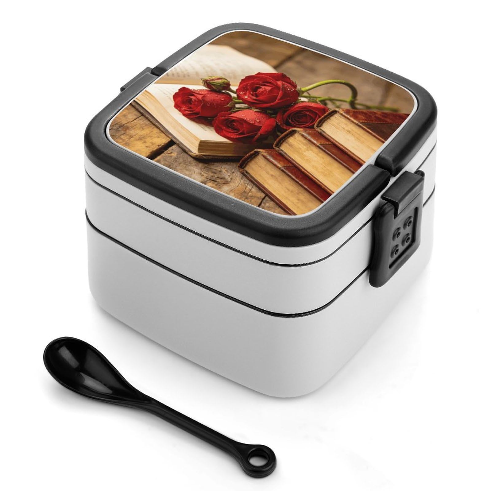 LZQPOEAS - Bento Box for Books and Roses with Handle, Portable Spoon, Leakproof 1000ml, Large Insulated Lunch Boxes for Adults, 2-Layer Stackable Container for Work, Gym al