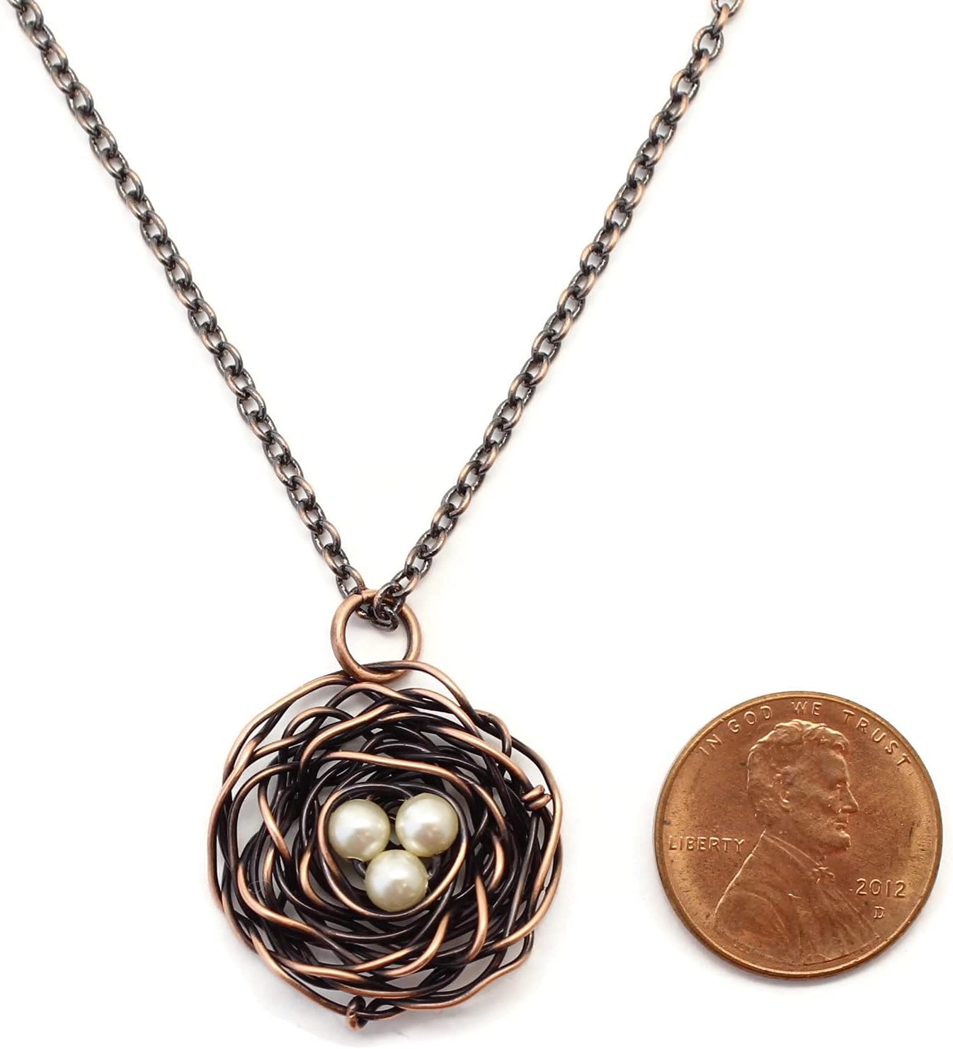 Pillar of Salt Studio Handcrafted Copper Bird Nest Pendant with Simulated Pearl Eggs (18" Chain, Cream)