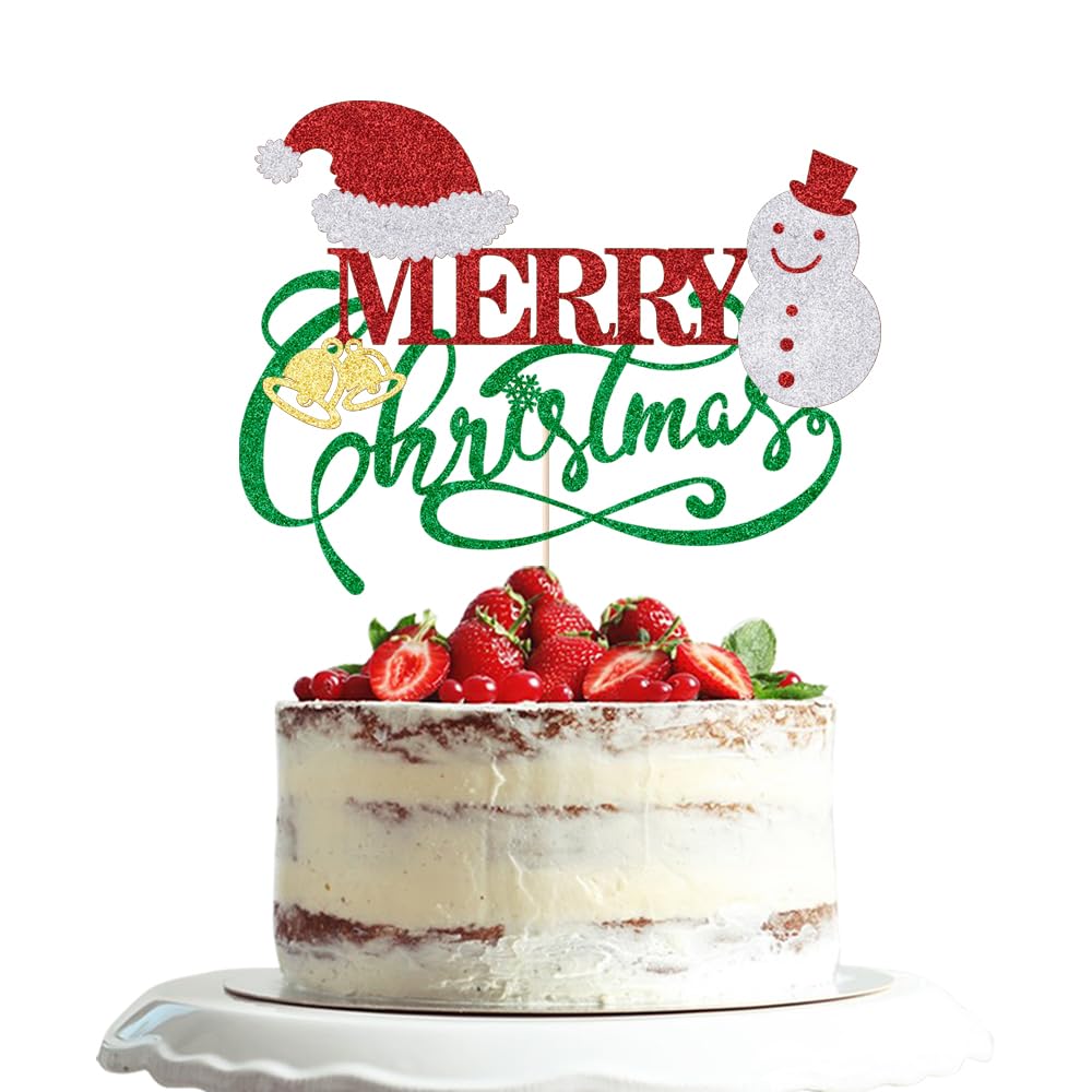 Photo 1 of Dxsdgetue Merry Christmas Cake Topper, red green glitter Xmas Holiday Cake Decorations,for Winter Christmas Santa Happy New Year Theme Party Cake Decorations